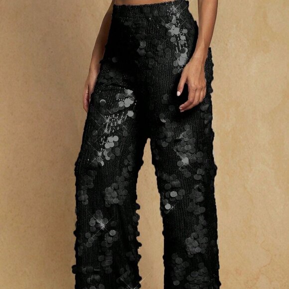 Black Party Women's High Waist Sequin detailed Wide Leg Long Pants - Picture 4 of 4